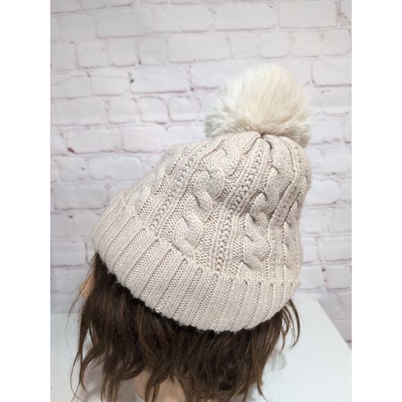 UGG Fleece Lined Cream Tan Winter Cable Knit PomPom Beanie Hat - Picture 3 of 6